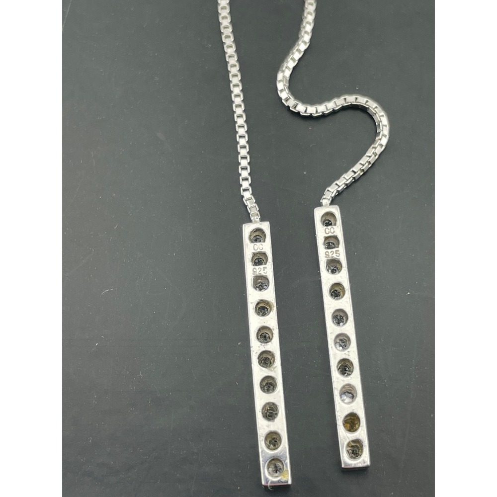 Sterling Silver CZ Lariat Y Necklace Adjustable Box‎ Chain Pavé Bar Drop Pendant - Picture 9 of 10